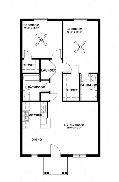 Floor plan for 2 beds, 2 baths, 960 sqft